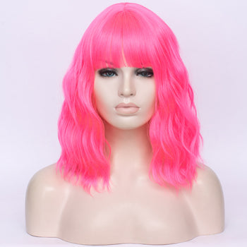 Hot pink full fringe medium curly costume wig - Smart Wigs Adelaide SA